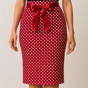 Red Retro Polka Dot Satin-Bow Pencil Skirt